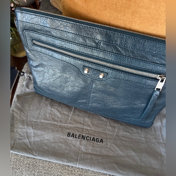 Balenciaga Handbags - Balenciaga Teal Blue Leather Classic Clip Clutch (COA)